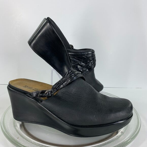 Womens Wedge Heels Naot Shoes Mule Boho Clogs Black Sz 8 Leather Slip On Buckle - Picture 1 of 13